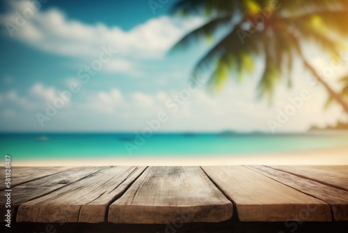 Seaside Serenity Rustic Table with Beachy Backdrop montage photo for product advertisement display nature background, AI Generate