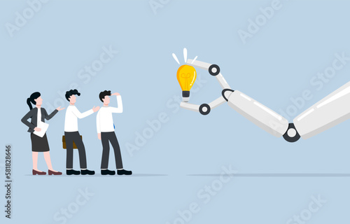 Machine learning, artificial intelligence to help business with data analysis and providing knowledge, automation system for work concept, Robotic hand showing idea light bulb to business people. 