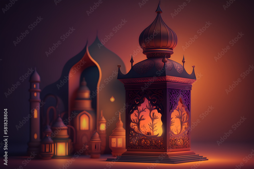 Obraz premium A night in Ramadan. A colorful mosque and a lantern with glowing evening light. 3d rendering made with Generative AI