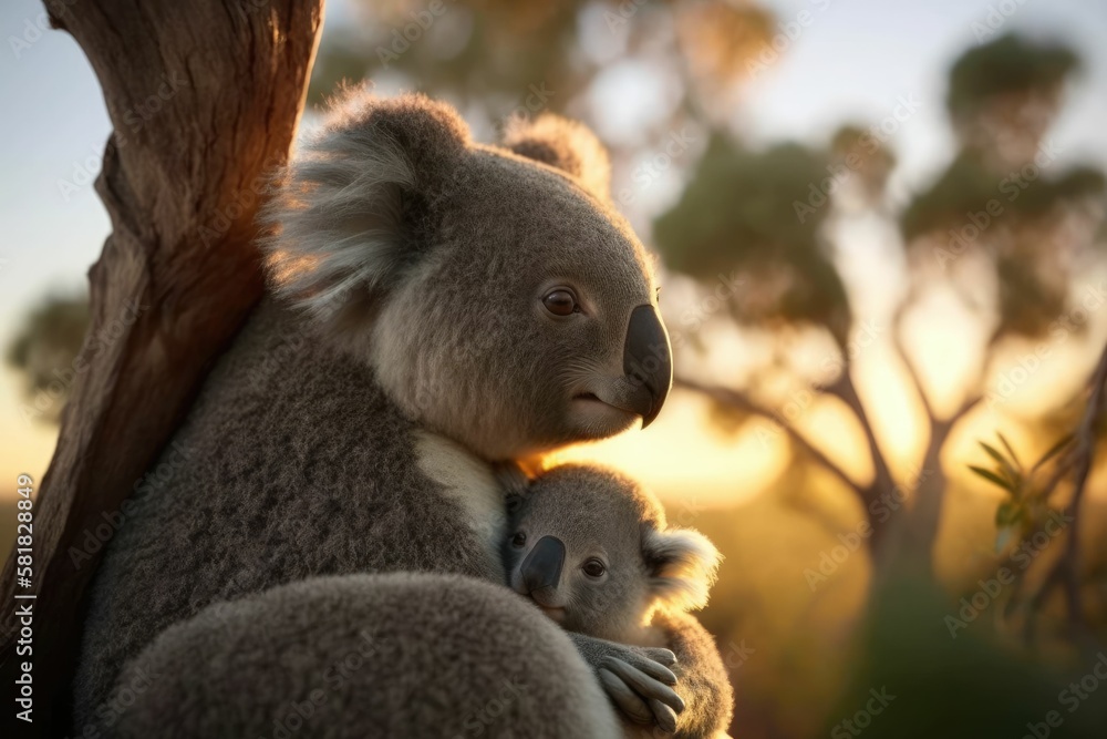 Fototapeta premium Australian koala mother with her baby in her lap. Generative AI.