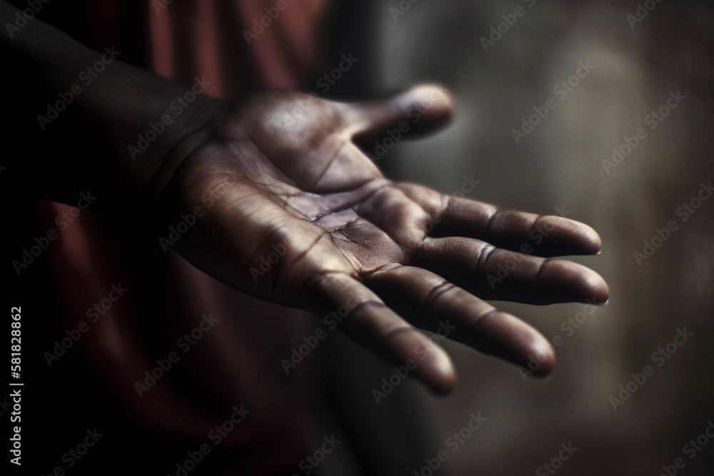 Fototapeta premium closeup of a dark skinned human open hand with blurred background, generative ai