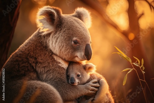 Australian Koala mother caring for her 4-month-old Baby. Generative AI.