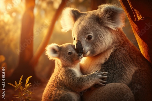 Koala mother caring for her baby. Generative AI. © Arc