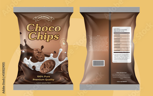 Choco chips pouch design, Chocolate cookies label design illustration vector art, biscuit packaging design, choco chocolate food package front back editable vector high-quality file