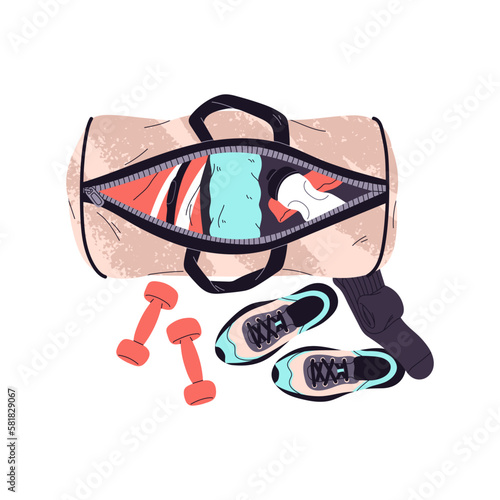 Sport bag, open fitness luggage with workout clothes, equipment for gym. Athletes baggage with contents, water bottle, towel, trainers, dumbbells. Flat vector illustration isolated on white background