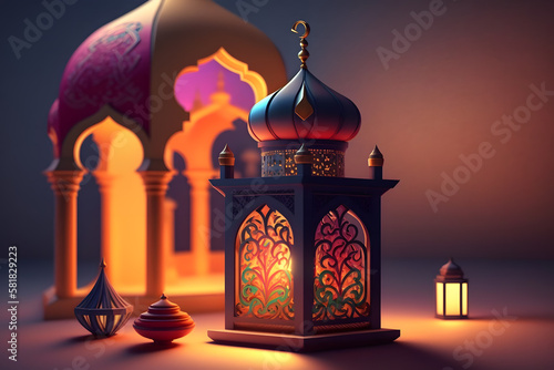A night in Ramadan. A colorful mosque and a lantern with glowing evening light. 3d rendering made with Generative AI