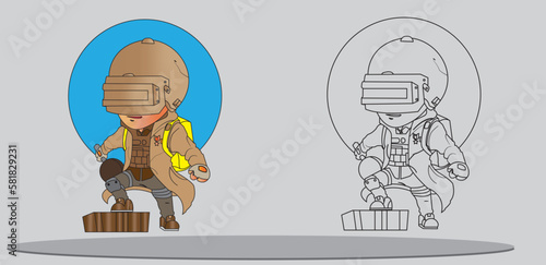 Illustration to online video game PUBG playerunknown's battlegrounds. Isolated on grey background. Man in military uniform.