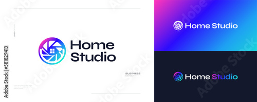 House and Camera Lens Logo Design with Colorful Gradient Style. Suitable for Photography Studio, Cinema or Movie Company Logo