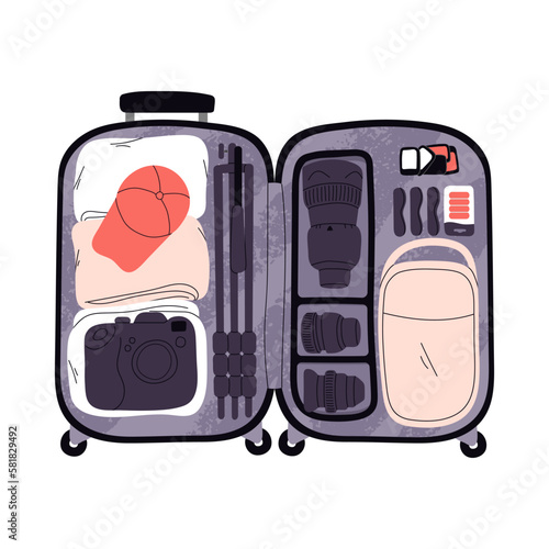 Suitcase, luggage with photo equipment. Baggage, wheeled bag for travel photography, packed with tripod, lenses, photographer accessories. Flat graphic vector illustration isolated on white background