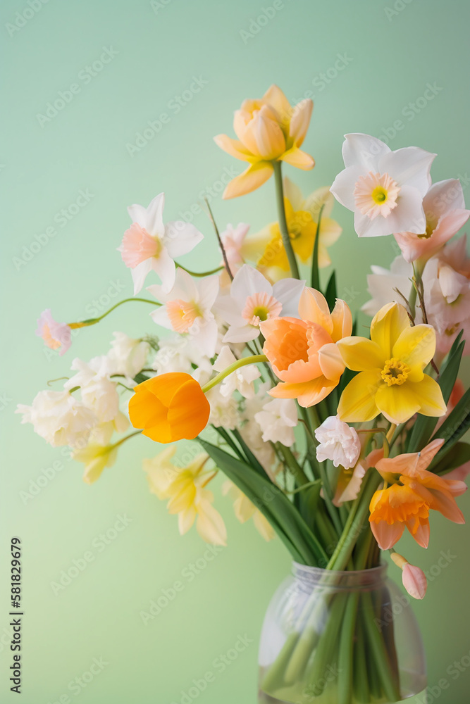 Bouquet of beautiful spring flowers on pastel blue table top view. Greeting card for International Women Day. Generative AI
