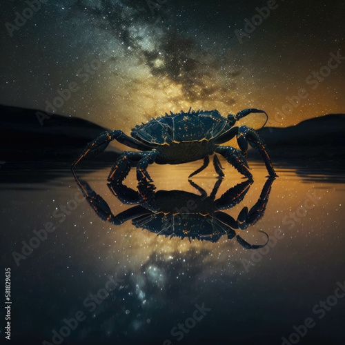 An illuminated night sky reflecting a precise crablike figure onto its dark backdrop Zodiac Astrology concept. AI generation. photo