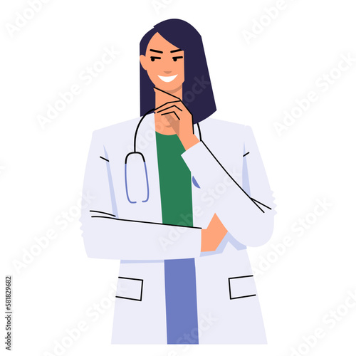 Woman doctor thinks. The medical worker makes plans, makes decisions. The character is isolated on a white background. A woman in a white coat and a stethoscope. Flat vector.