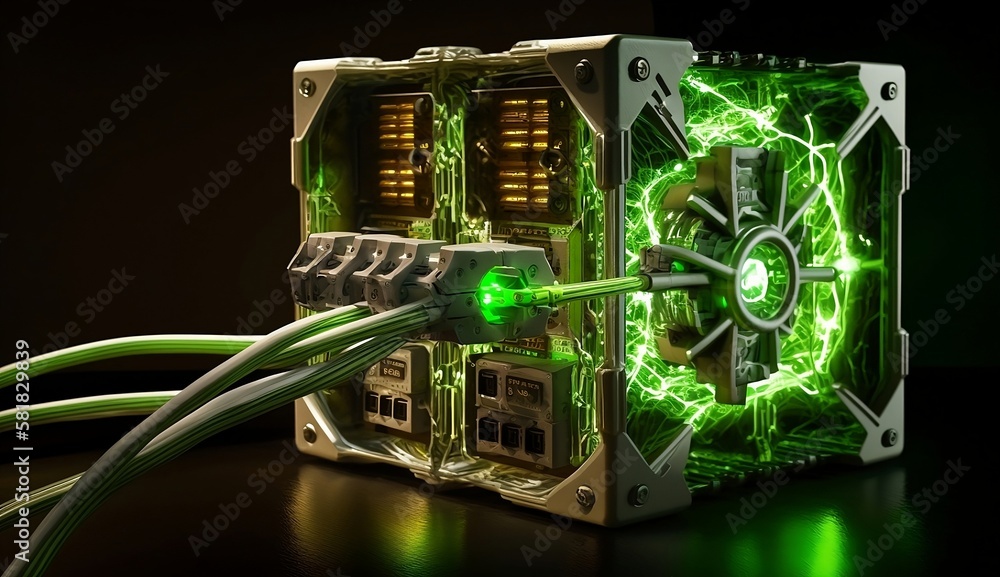 3D render, abstract microchip CPU motherboard electronic board. Illuminated with neon lights. Generative AI 3D render, abstract microchip CPU motherboard electronic board. Illuminated with neon lights. Generative AI