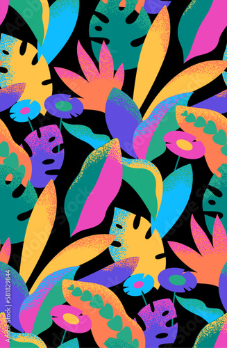 Abstract modern seamless pattern with branches, flowers and leaves. Vector botanical illustration in flat style. Bright foliage background.