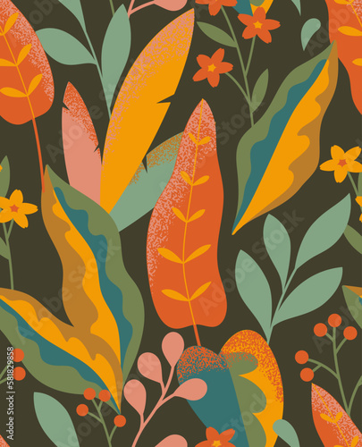 Abstract modern seamless pattern with branches, flowers and leaves. Vector botanical illustration in flat style. Bright foliage background.