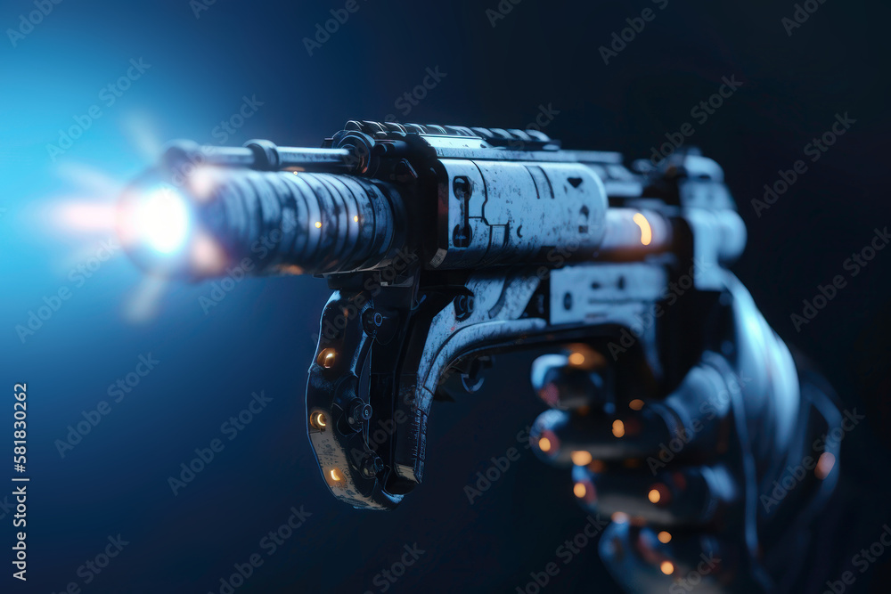 Moderne Waffe in der Hand eines Roboters Moderne Waffe in der Hand eines Roboters
