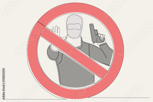 The colored symbol of a man forbids the use of weapon. Anti-terrorism day one line drawing
