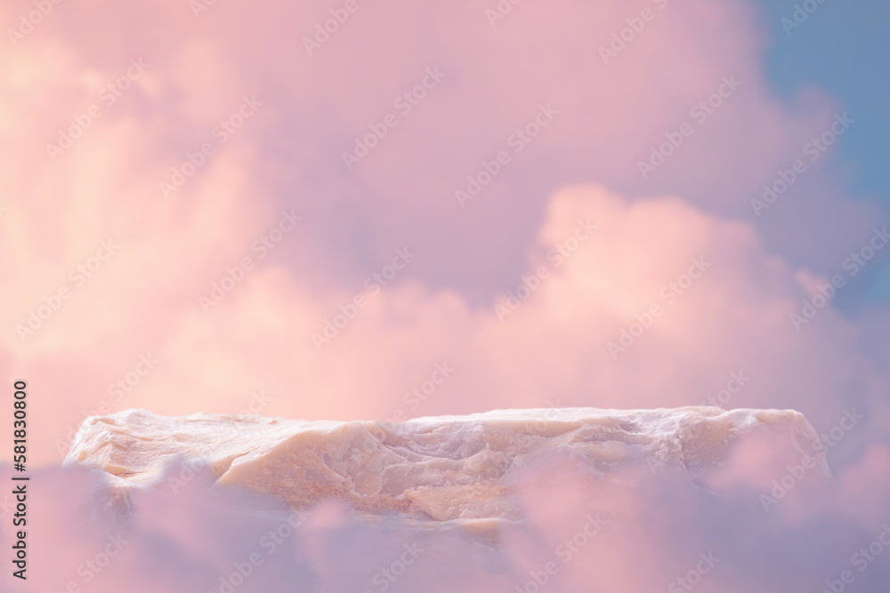 Stone podium tabletop floor in  outdoor on sky pink gold pastel soft cloud blurred background.Beauty cosmetic product placement pedestal present promotion stand display,summer paradise dreamy concept. - obrazy, fototapety, plakaty 