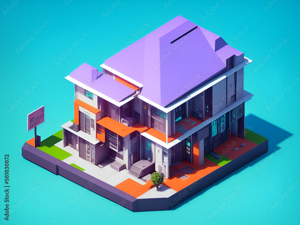 Illustration of cyberpunk graphic isometric view of a two-story house isolated in pastel color background. Part of the house's walls and roof are opened to show the interior of the house. Illustration of cyberpunk graphic isometric view of a two-story house isolated in pastel color background. Part of the house's walls and roof are opened to show the interior of the house.