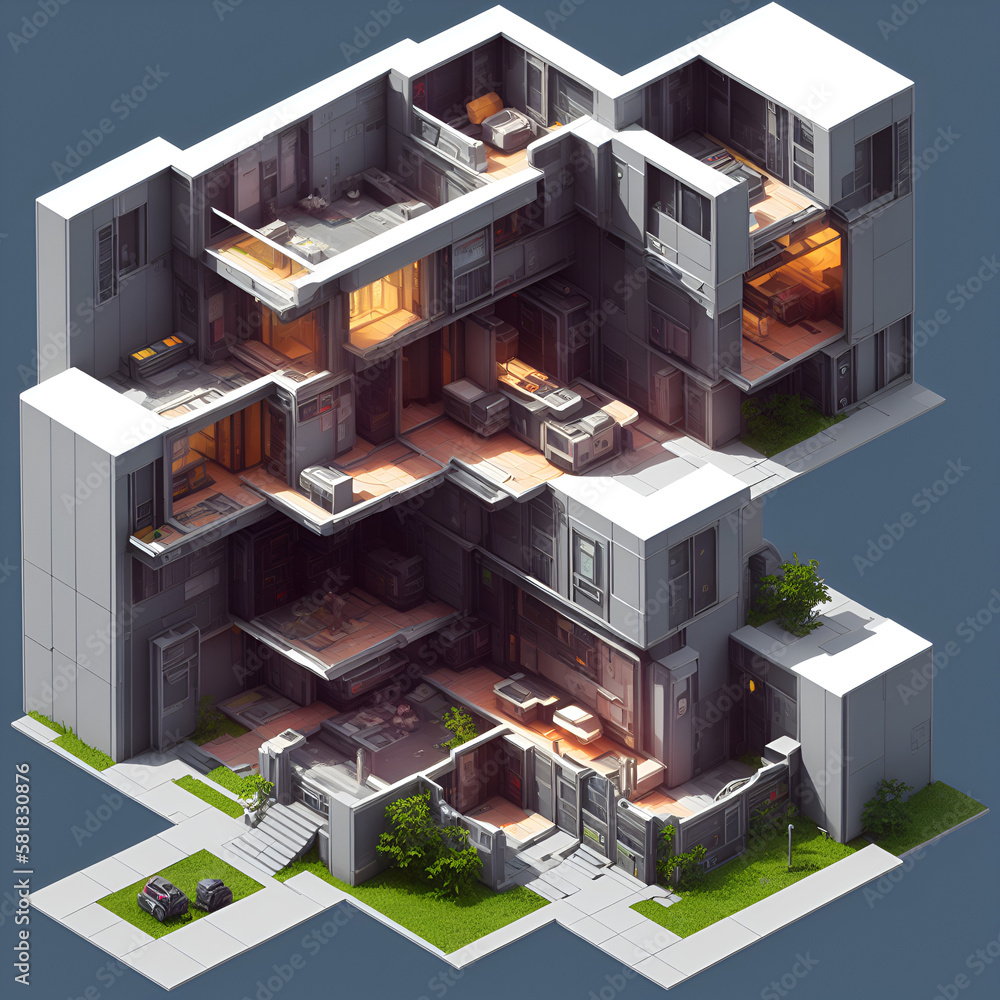 Illustration of cyberpunk graphic isometric view of a two-story house isolated in pastel color background. Part of the house's walls and roof are opened to show the interior of the house. Illustration of cyberpunk graphic isometric view of a two-story house isolated in pastel color background. Part of the house's walls and roof are opened to show the interior of the house.