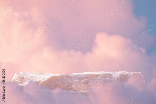Stone podium tabletop floor in  outdoor on sky pink gold pastel soft cloud blurred background.Beauty cosmetic product placement pedestal present promotion stand display,summer paradise dreamy concept.
