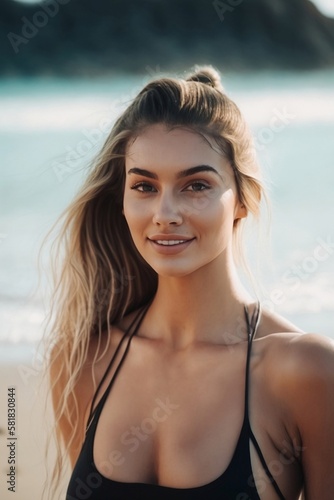 Young Blonde Woman at the beach in a black swimsuit portrait. Generative AI
