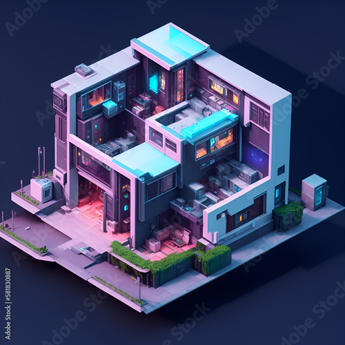 Illustration of cyberpunk graphic isometric view of a two-story house isolated in pastel color background. Part of the house's walls and roof are opened to show the interior of the house. © Aisyaqilumar