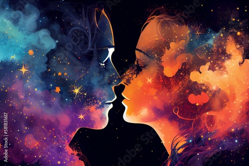 A Couple Man And Woman Kissing On Colorful Background With Stars And Smoke, Digital Illustration. Generative AI