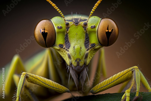 Close-up of a preying mantis, generative ai © jambulart