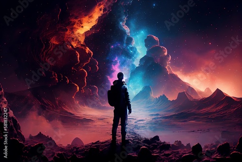 Man Silhouette Standing On Futuristic Planet Surface And Looking On Cosmic Landscape With Nebula And Galaxy. Generated With. Generative AI