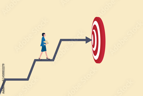 Business woman in the way to the goal or target. Business growth and improvement, target high profit, stock market and success