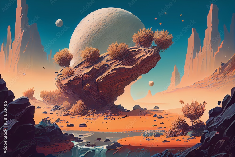 Illustration Of Extraterrestrial Exploration, An Alien Landscape With Floating Rocks And Plants. Generative AI