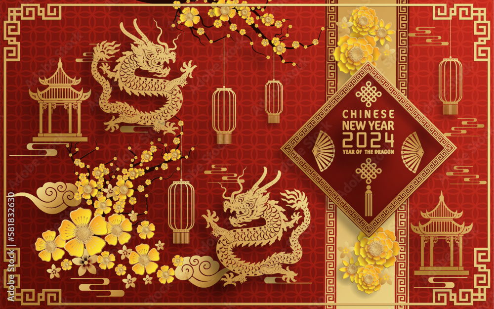 Happy chinese new year 2024 year of the chinese dragon zodiac with on color Background. ( Translation : happy new year, chinese dragon ) Happy chinese new year 2024 year of the chinese dragon zodiac with on color Background. ( Translation : happy new year, chinese dragon )