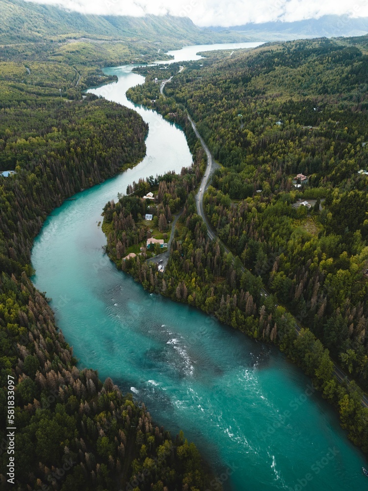 Vertical aerial view of the Kenai River flowing in a forest surrounded by lush nature in Alaska