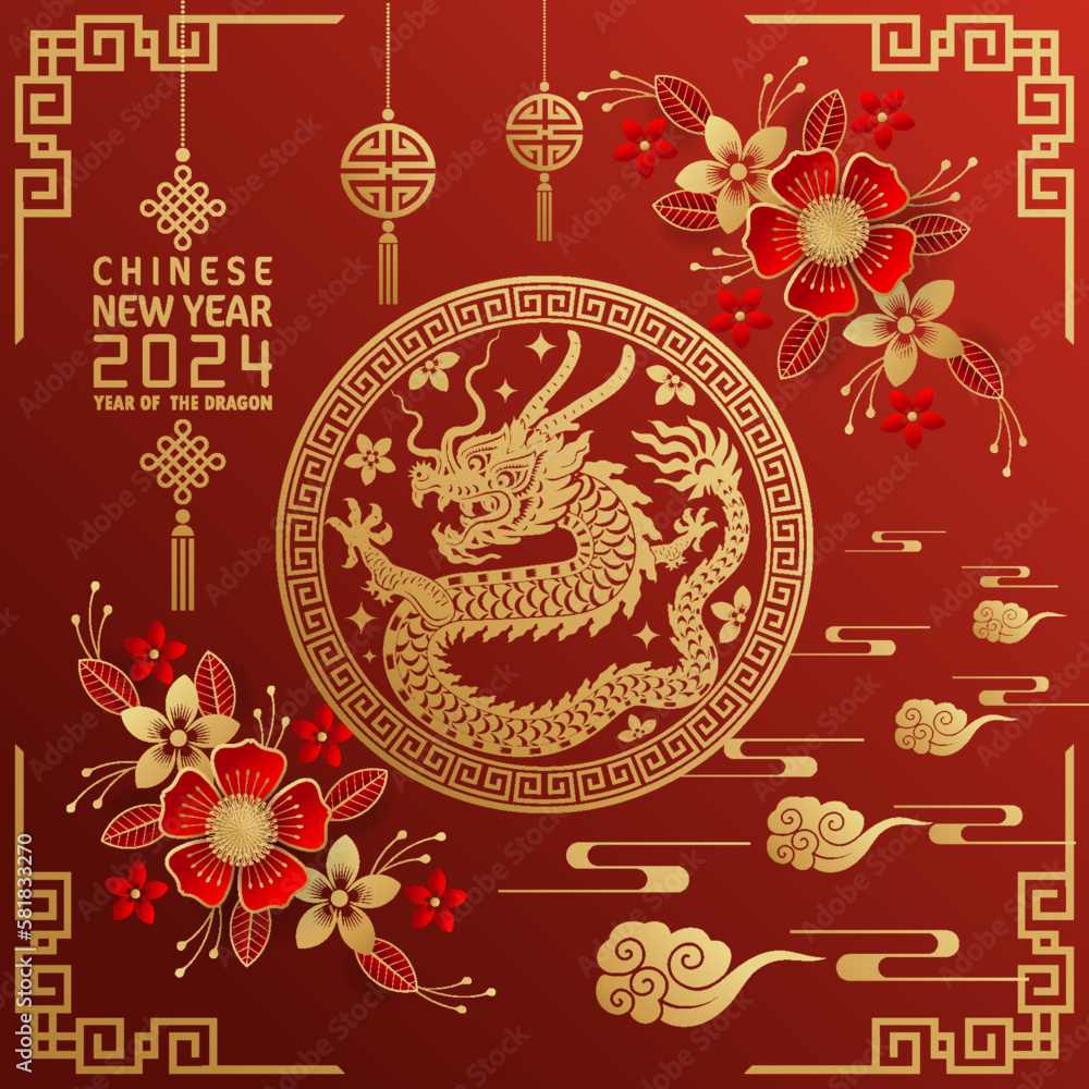 Happy chinese new year 2024 year of the chinese dragon zodiac with on color Background. ( Translation : happy new year, chinese dragon )