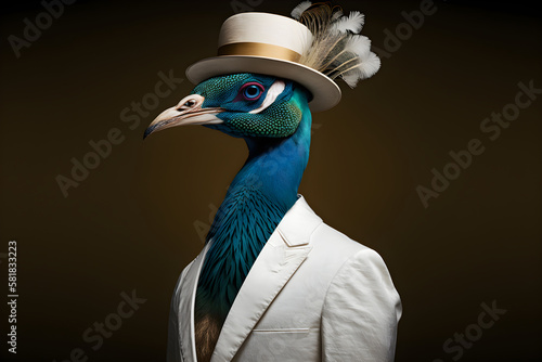 the peacock in a business suit: flaunting its style, creative stock image of animals in business suit. Generative AI