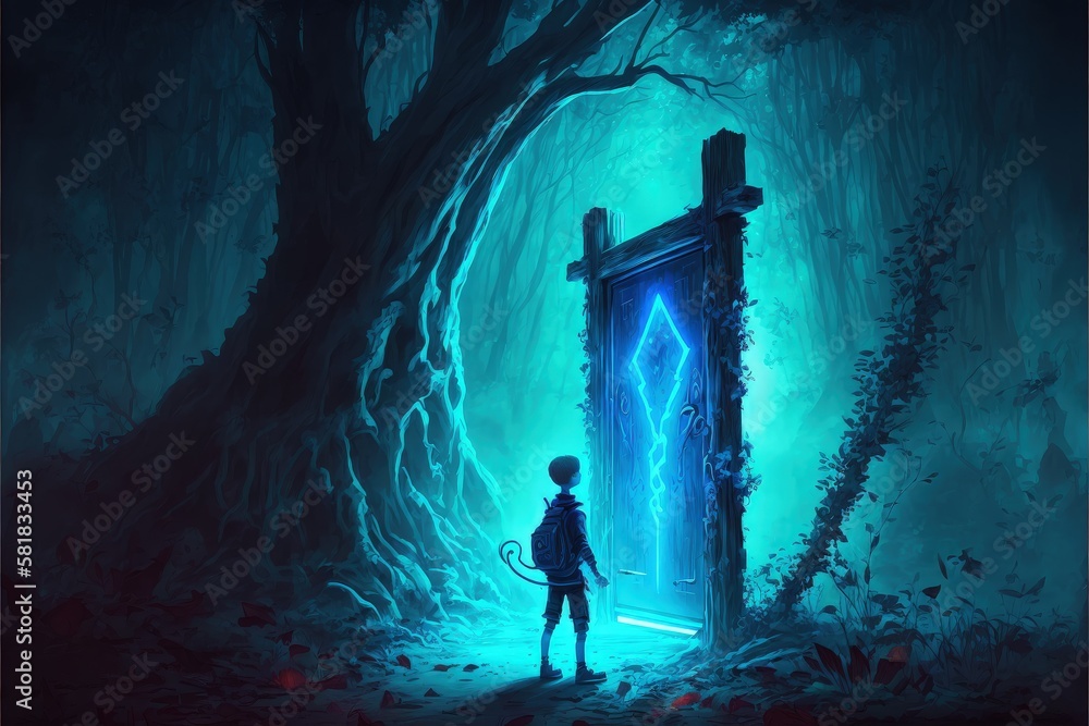 magnificent forest, a young boy stands before a magical portal emanating a dazzling blue light, creating an enchanting fantasy scene. Fantasy concept , Illustration painting. Generative AI