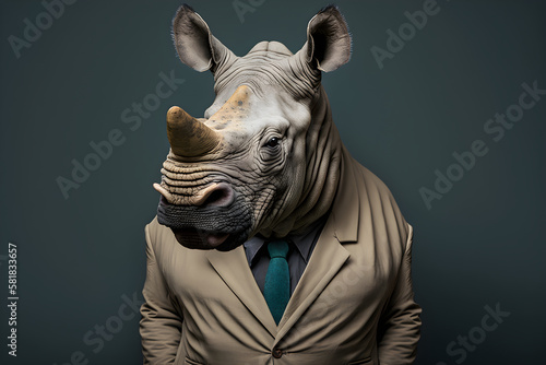The rhinoceros in a business suit  a powerful presence  creative stock image of animals in business suit. Generative AI