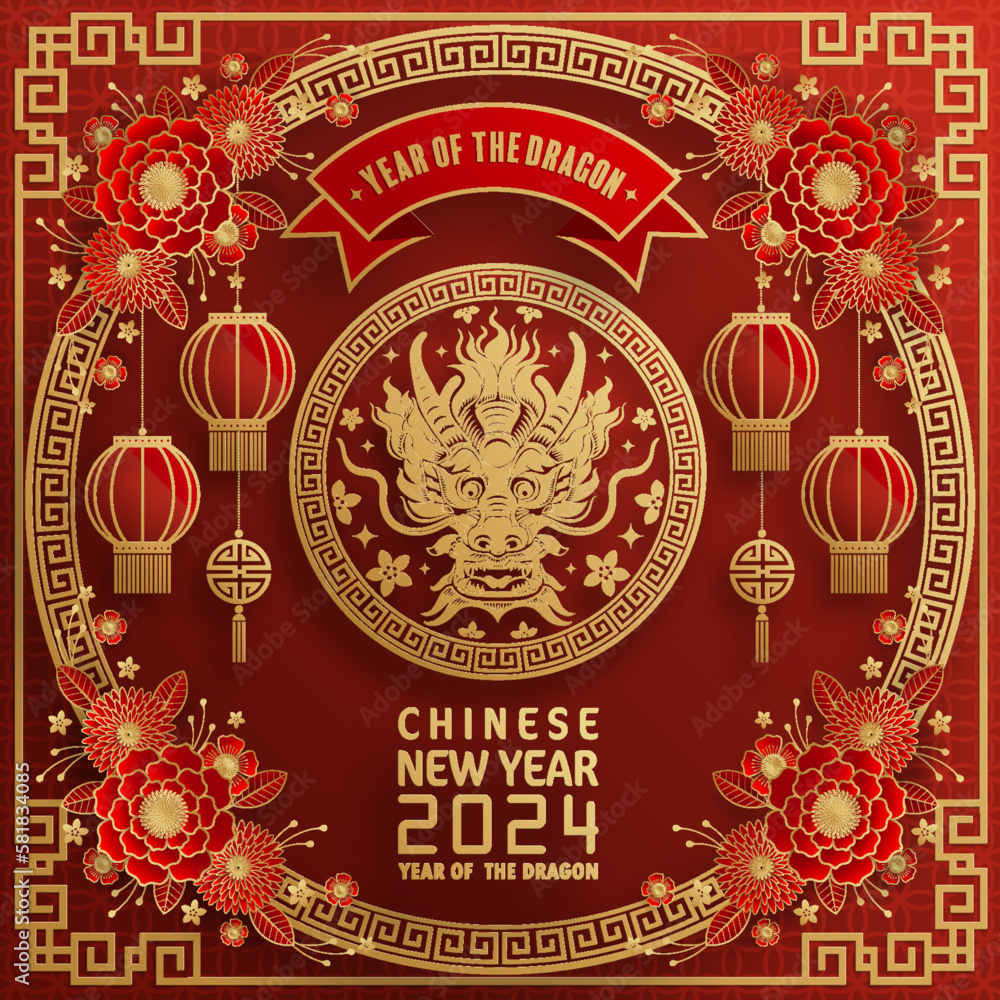 Happy chinese new year 2024 year of the chinese dragon zodiac with on color Background. ( Translation : happy new year, chinese dragon ) Happy chinese new year 2024 year of the chinese dragon zodiac with on color Background. ( Translation : happy new year, chinese dragon )