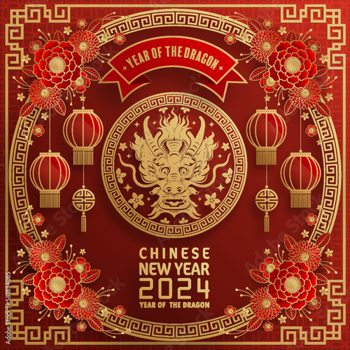 Happy chinese new year 2024 year of the chinese dragon zodiac with on color Background. ( Translation : happy new year, chinese dragon )