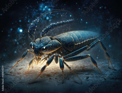 A bright night sky twinkling down on a carefully composed arthropod creature Zodiac Astrology concept. AI generation. © Justlight
