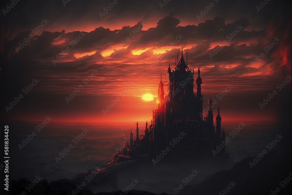 A sunset landscape displays a foreboding castle looming on the horizon. Fantasy concept , Illustration painting. Generative AI