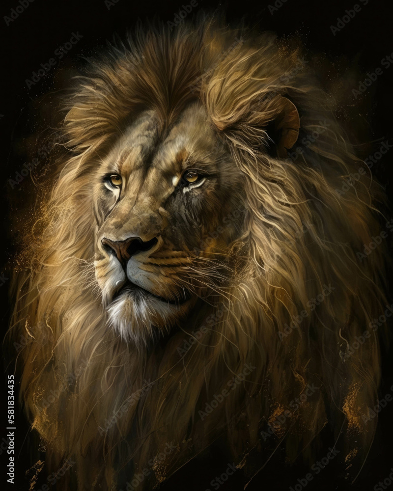 Naklejka premium A majestic lion with a golden mane the representation of strength and power Zodiac Astrology concept. AI generation.