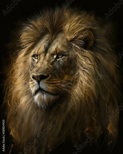 A majestic lion with a golden mane the representation of strength and power Zodiac Astrology concept. AI generation.