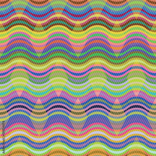 Vector motley seamless pattern with colorful wavy lines and rhombuses