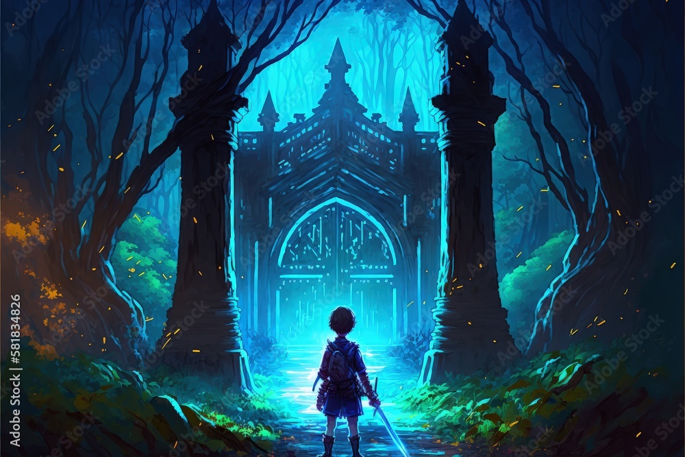 In a magnificent forest, a young boy stands before a magical portal radiating a brilliant blue light, evoking a wondrous fantasy scene. Fantasy concept , Illustration painting. Generative AI