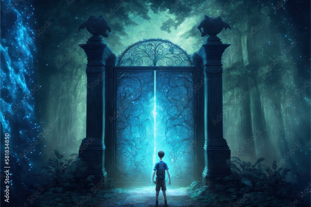 In a magnificent forest, a young boy stands before a magical portal ...
