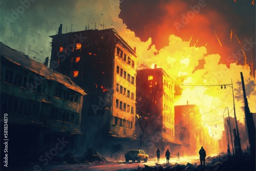 The depiction shows a catastrophic explosion resulting in the fragmentation of numerous buildings. Fantasy concept , Illustration painting. Generative AI