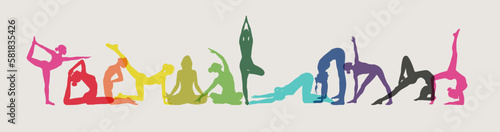 12 silhouette girls set doing yoga sport stretching in different colors on gray background for wallpaper, banners