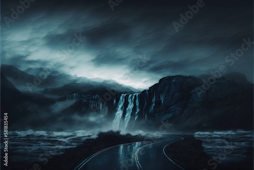 Fotografering The nighttime landscape features a waterway surrounded by foreboding black clouds, with a waterfall descending from the sky